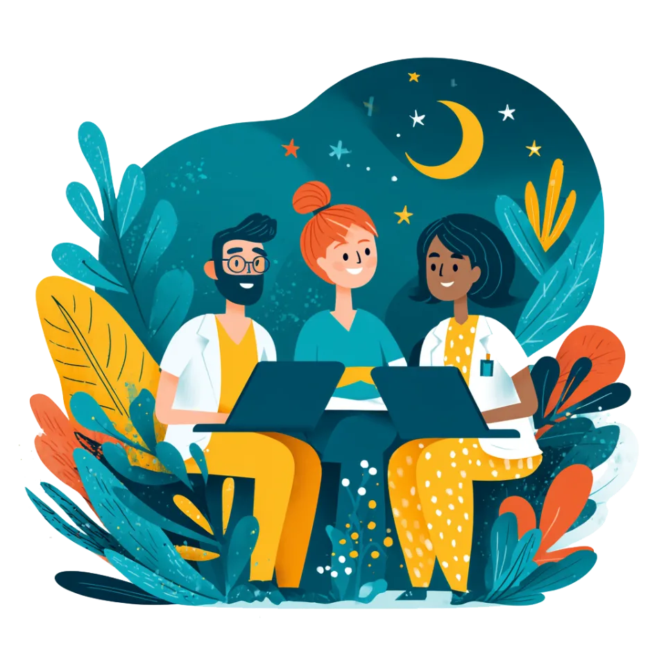 An illustration of two parents and a nurse sitting together at night, laptops open, under a crescent moon.